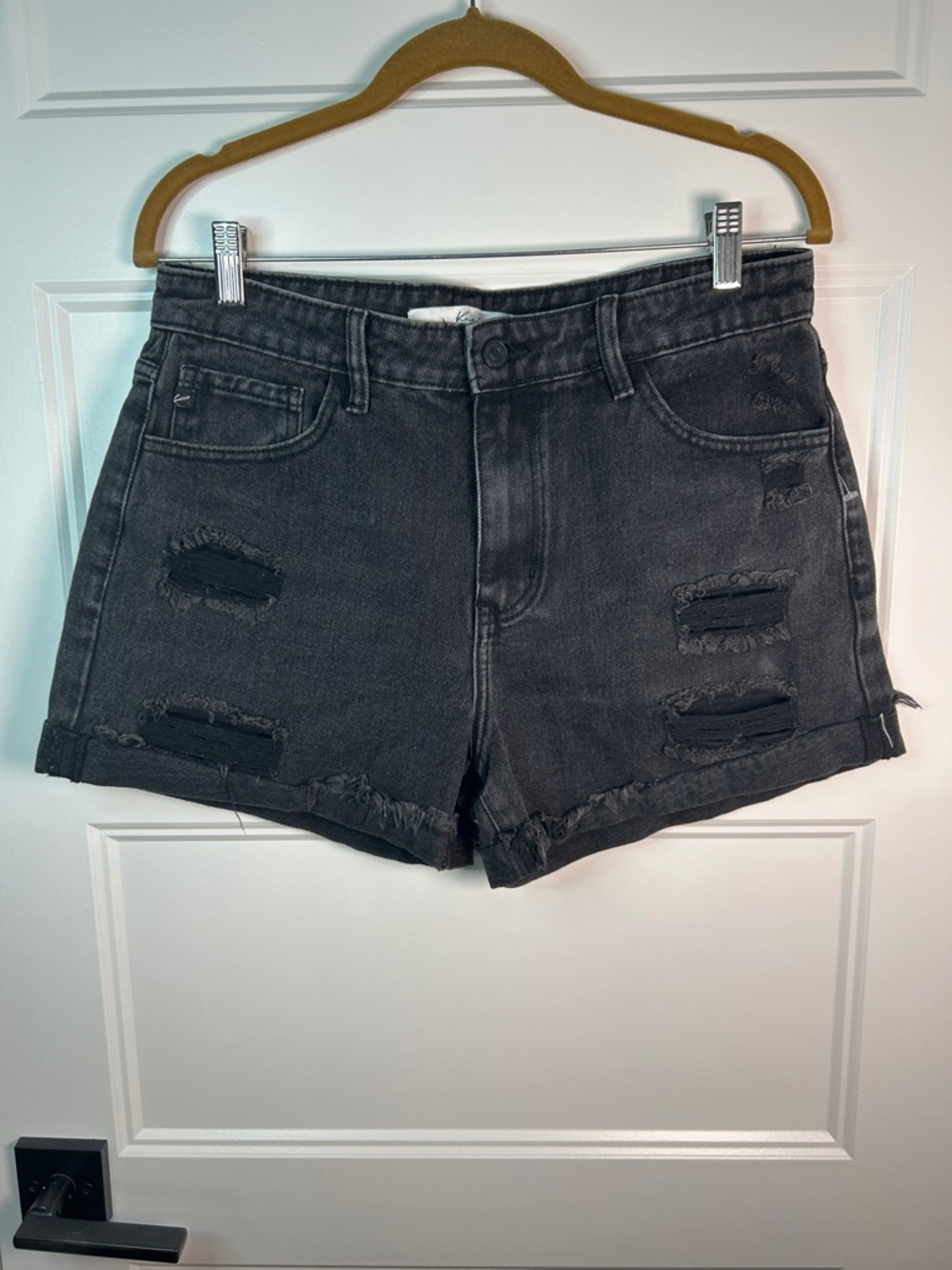 KanCan Washed Black High-Rise Distressed Denim Shorts
